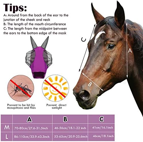 Máscara de cavalo de 2 peças de cavalo mosca com orelhas lisas e elasticidade máscara de mosca com proteção UV