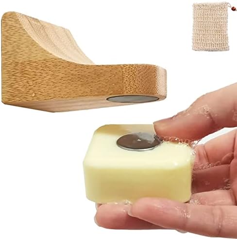 Porta de sabão magnética de bambu ecoo de bambu ecológico, porto de sabão magnético, saco de sabão sisal, portador de sabão por ímã auto-drenagem, armazenamento de chuveiro para barras de shampoo de sabão e barba