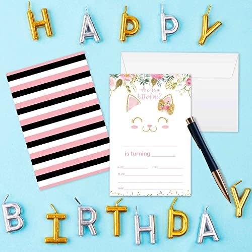 WUAWN 20 Convites de aniversário de gato floral com envelopes, gatinho enchimento - em cartões de convite de aniversário para meninos e meninas, adolescentes, crianças, suprimentos de celebração de aniversário - A011