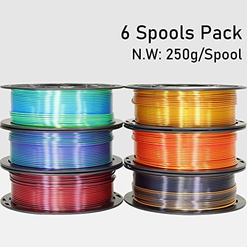 6 Pacote de filamentos de impressora 3D de cor de 1,75 mm Bicolor de 1,75 mm, PLA de seda de seda de impressão 3D, seda preta-púrpura/ouro