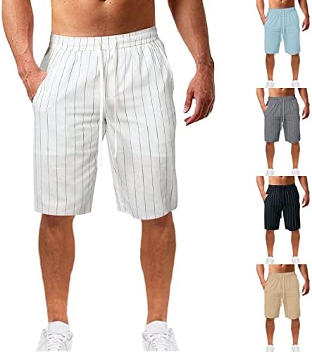 Shorts de linho de algodão meymia masculino, 2023 Summer Men Men casual Baggy Linete Landstring elástico praia listrada curta
