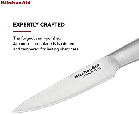 KitchenAid gourmet forjado aço inoxidável Faca de ponta fina com tampa de lâmina de ajuste personalizado, faca de cozinha de 4,5 polegadas, lâmina de aço inoxidável japonês de alto carbono, alça de aço inoxidável escovado
