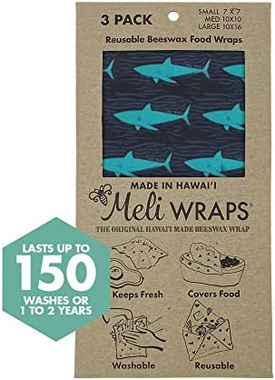 Meli Wraps-Patrilhas reutilizáveis ​​de 3 pacote para alimentos, armazenamento de alimentos conscientes, pequeno, médio e grande embrulho, tubarão
