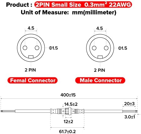 Conector elétrico de 2 pinos de BTF 22AWG IP65 Conector feminino macho 7.87in/20cm Cabo de extensão para carro, caminhão,