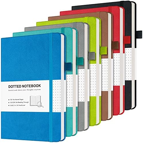 Caderno de diário pontilhado, 7 Pack Leather Bullet Dot Grid Journal for Mulher Men, cadernos em massa para estudantes, escritório, diário, redação, desenho, papel de espessura de 120 gsm, página numerada, A5, multicolor