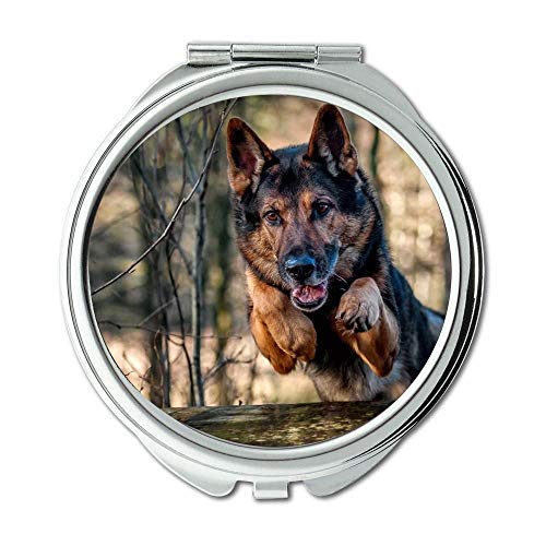 Espelho, espelho compacto, buldogue francês segurando o cão de pastor alemão, espelho de bolso, ampliação de 1 x 2x