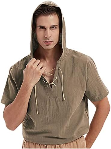 Tampas com capuz masculinas Manga curta Camisas de linho de algodão de cor sólida Camisetas de laço para cima T-shirt Blush de moletonete em V capuz