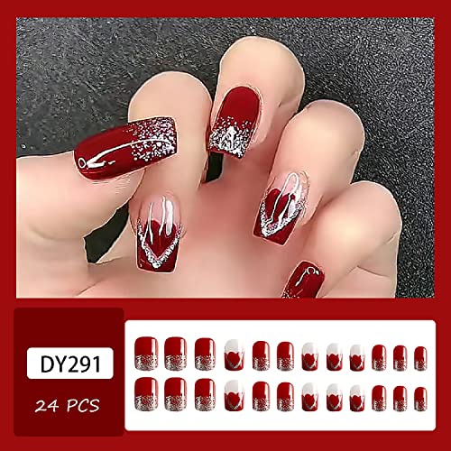 Dia dos namorados, prenda as unhas de comprimento médio unhas falsas corações vermelhas unhas falsas design quadrado unhas falsas unhas acrílicas cola artificial de capa em unhas em unhas para mulheres meninas manicure arte 24pcs