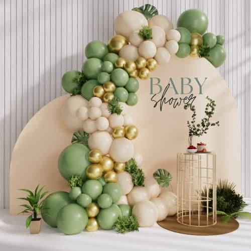 OOPAT Sage Green Balloon Garland Arch Kit 139pcs Tamanho diferente Eucalipto Balões de ouro branco para chá de bebê