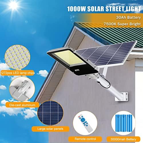 Guoer 1000W Solar Street Light Outdoor Outdoor 100000lm Ultra High High Blightness Dusk to Dawn Led Lamp, com controle remoto, IP65 à prova d'água para estacionamento, quintal, jardim, pátio, estádio, praça