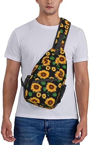 Mochila Crossbody Backpack, girassóis no fundo preto Flores amarelas botões e folhas Bolsa no peito