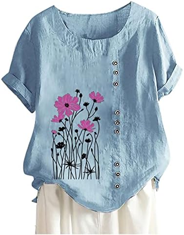 Tops de verão para feminino de linho de algodão camisetas de manga curta Fashion Floral Print Button Blouse Tunic Shirts Blouse