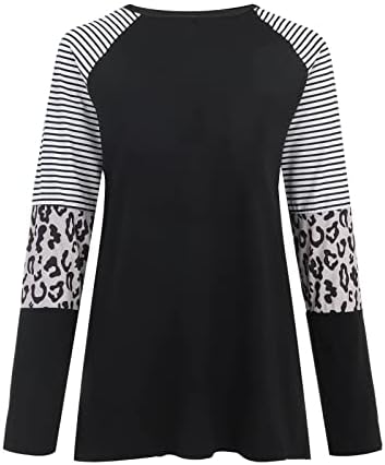 Pullover feminino Tops listrados de manga longa estampa de leopardo camiseta camiseta casual bloco de raglan solto raglan