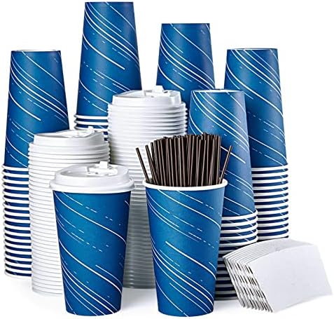100 pacote de 16 onças de papel de café, xícaras de bebidas frias/quentes, xícaras de café descartáveis ​​com tampas, mangas