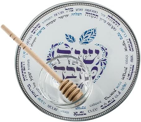 Moderno de maçã de vidro e prato de mel para Rosh Hashaná - prato de mel durável de vidro, azul