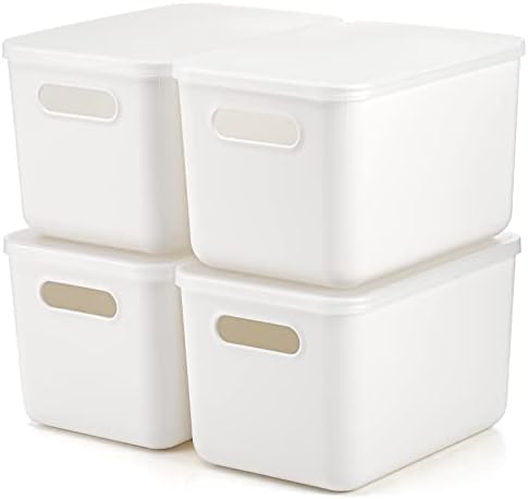 Lawei 4 Pacote caixas de armazenamento de plástico com tampa, caixa de organizações de cesta de armazenamento de armazenamento branco, recipientes resistentes que organizam caixas de tampa para prateleiras, armários, mesa, despensa, quarto, banheiro, livro, brinquedos