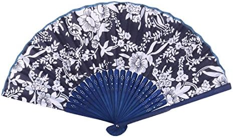 QTQGOITEM Bamboo quadro floral Festa de verão chinês Stlye dobrável fã de mão azul marinho