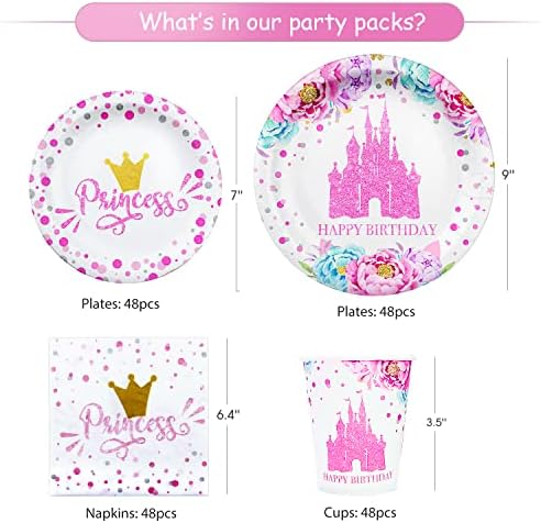 Naiwoxi Princess Birthday Party Supplies Tableware - Decorações de festas de princesa incluíam pratos, xícaras, guardanapos, para a princesa tema menina chá de bebê de chá de bebê festas de festas de jantar de jantar | Servir 48