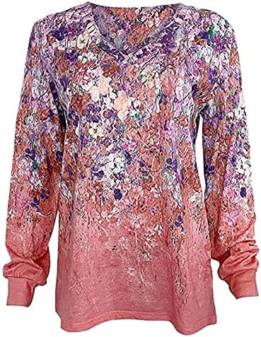 Tops femininos confortáveis ​​casuais de manga longa camisa de outono Tunic em v túnica em vulícula floral de decote em V estampado solto henley blusa henley