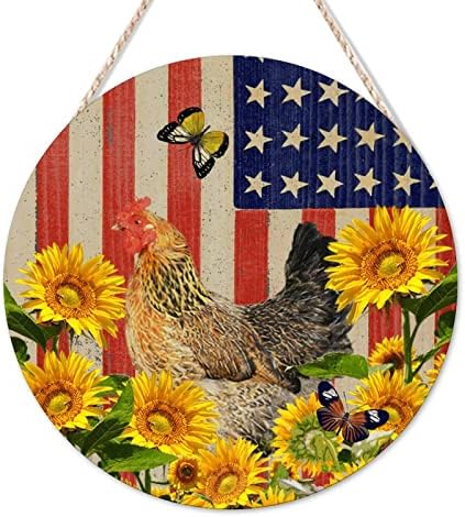 Arupkeer bem -vindo sinal de fazenda galo dos EUA bandeira de girassol redondo placas de madeira retro fazenda frango