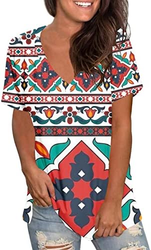 Camisetas de estilo étnico ocidental feminino, asturações astecas ocidentais, estampa geométrica v colina de manga curta de pescoço