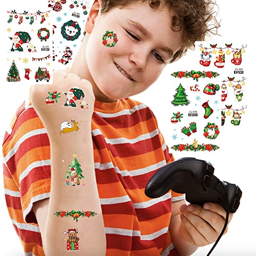 Tatuagem temporária de Natal para crianças adesivos de inverno Decalques para decorações de braço de rosto corporal kit de tatuagens falsas 12 folhas de férias de Natal Favory Favory Supplies Snowflake
