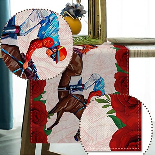 Kentucky Derby Table Runner Churchill Downs Racing Run for the Roses Table Cover Rustic Linen for Home Party Dining Room Kitchen Decoration