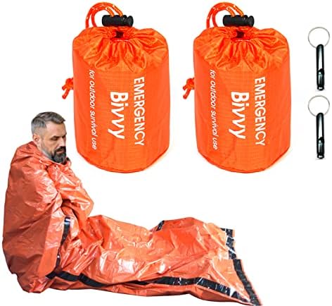 Gogood 2 Pacote sacos de dormir de emergência SACK BIVVY SACK com assobios, equipamento de sobrevivência portátil leve para camping ao ar livre mantém -se aquecido após terremotos, desastres de furacões