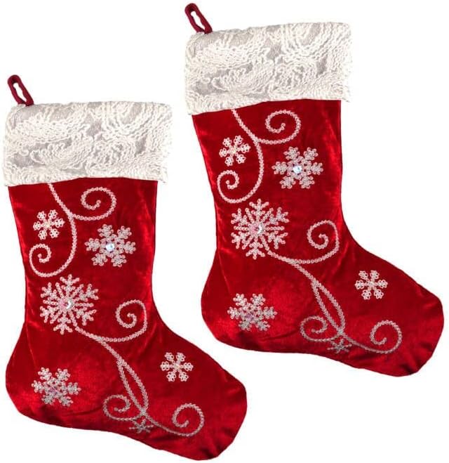 Meias de Natal de Ushinemi 2 Pacote de Velvet Vermelho Staque de Natal Bordado Delicados Padrões de Floco de Neve, meias de Natal para férias em família