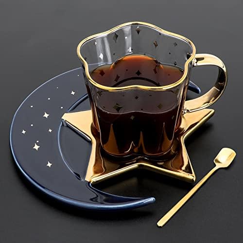 8,1 oz/240 ml de copo de café de vidro e pires da lua de estrela cerâmica com colher conjunto de colher dourado copo de vidro