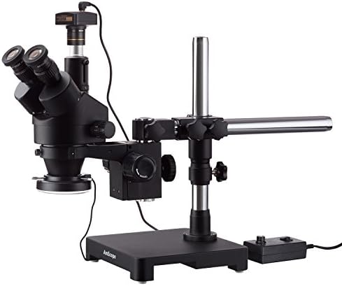 AMSCOPE 7X-135X Microscópio de zoom estéreo trinocular preto no suporte de lança de braço + 144 LED anel com câmera USB2.0 5MP