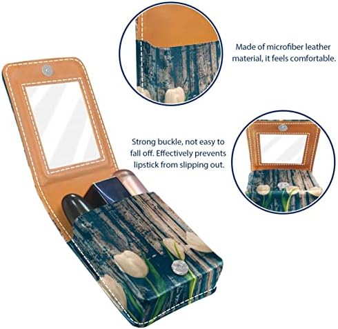 Tulipa branca no suporte de batom de batom de batom de madeira vintage com espelho, bolsa de brilho labial portátil, kit de armazenamento cosmético de couro impermeável para bolsa para bolsa