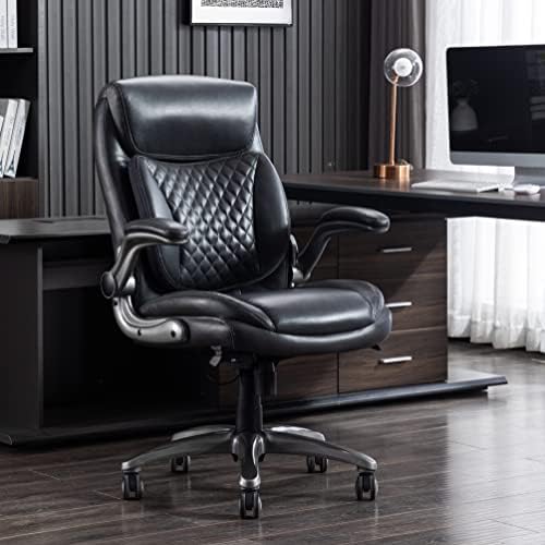 AmazoCommercial Ergonomic Executive Office Desk Chair com apoios de braços flip -up - Altura ajustável, suporte de inclinação e lombar - couro preto