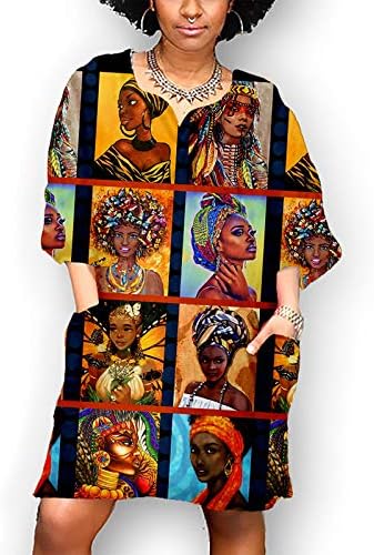 Vestidos africanos de tamanho grande para mulheres estampas vintage v pescoço de manga média mini vestido casual com bolso