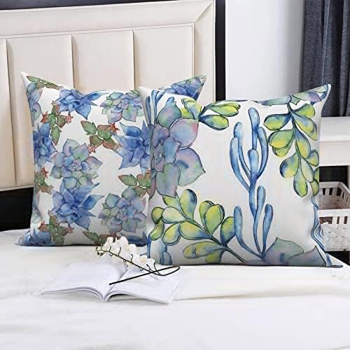 JNWKGN Blue Floral Pillow Capas de 18x18 polegadas de 4, aquarela Flores azuis Folhas verdes Capas do travesseiro, tampas de travesseiro quadrado decorativo de mola para sofá Couch Home Decor Zipper Fechamento do zíper do zíper