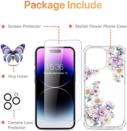 Roseparrot [4-in-1] iPhone 14 Pro Max Case com protetor de tela de vidro temperado + protetor de lente da câmera, limpo com design de padrões florais, cobertura protetora à prova de choque （Blooms de anêmona)
