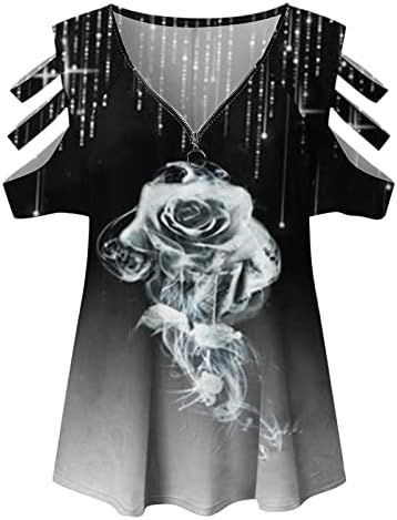 Manga curta de impressão gráfica feminina de impressão feminina do ombro 2023 V Camiseta de algodão de algodão de pescoço