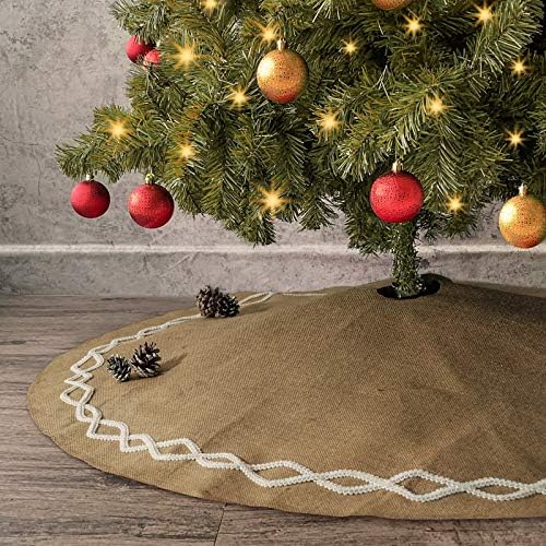 Saia de árvore de Natal Idenf, 48 polegadas de juta de turlap natural de 48 polegadas com decoração de renda branca costura