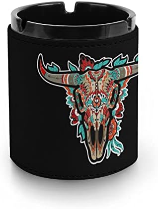 Buffalo Skull Premium Leather Ashtray Cigarro redondo bandeja de cinzas para fumantes para carro ou uso ao ar livre