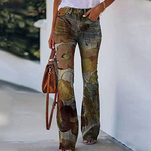 Calças elegantes de jeans florais elegantes calças de cintura alta casual de cintura alta