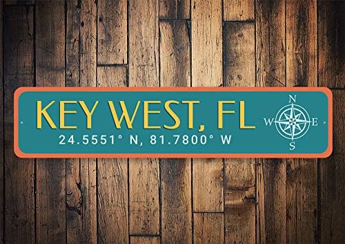 Key West Florida placar com coordenadas e bússola fofa de sinal, sinal para decoração em casa, decoração de alumínio da parede