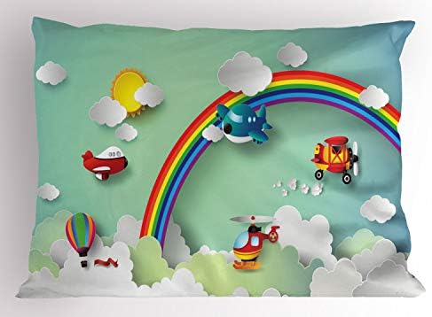 Ambesonne Cartoon Pillow SHAM, Plano Helicóptero de balão de ar quente Voando arco -íris Sunny Sky Ilustração feliz,