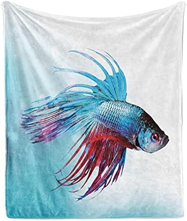 Aquário lunarável Cobertor, peixe siamês betta nadando em aquário agressivo animal marinho náutico, flanela lã de sotaque tampa de sofá macia para adultos, 70 x 90, coral escuro azul -céu escuro