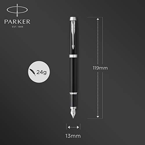 Parker Im Pen Fountain Pen | Preto fosco com acabamento cromado | Ponto fino com cartucho de tinta azul | Caixa