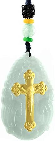 Jade Cross Jesus Colar pingente incrustado com jóias de 22k Gold Gold Luck Charm