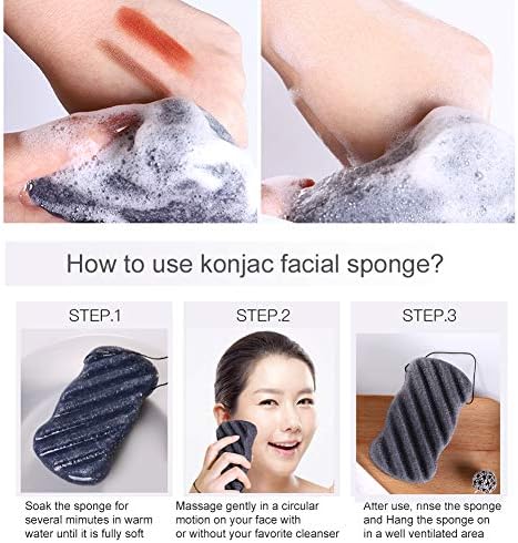 Josalinas Nature Konjac Sponge Facial 3 pacotes com carvão de bambu ativado para limpeza de rosto cosmético, gota de chuva
