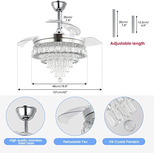 Fã de fã de lustre de cristal de 42 Crystal Fan Dimmable Modern LED de teto LED de teto com luz de 6 velocidades, 3 mudanças de luz