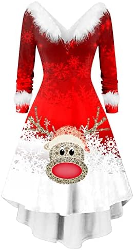 Moda feminina de Natal de Natal, vestidos irregulares de pescoço em V Long-deco