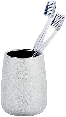 Wenko Glimma Silver Cerâmica Tumbler - Suporte de escova de dentes para escova de dentes e pasta de dente, cerâmica, 8,5 x 10,5 x 8,5 cm, prata