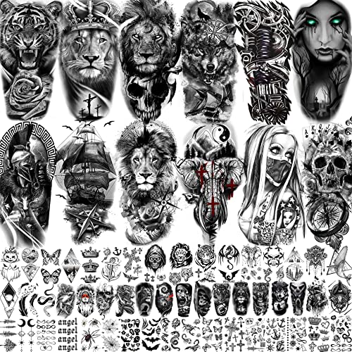 Bilizar 63 lençóis tigres de lobo tribal Tigre Tattoos temporários para homens adultos, assustadores skull gângster de tatuagem Fake Tattoo Kids, pequenas tatuagens realistas da coxa braço de elefante guerreiro